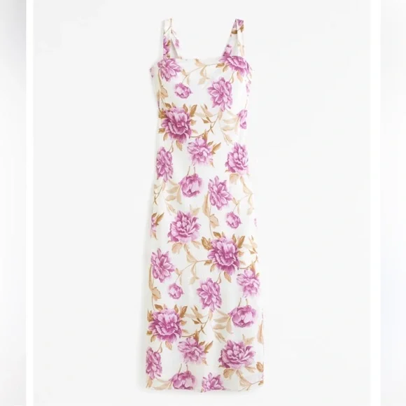 Abercrombie & Fitch Floral Midi Dress Bow Back Pink Cream Size Large NWT - Picture 3 of 9